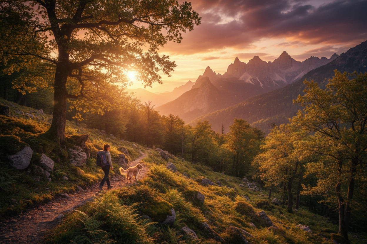 Woman Hiking with Dog